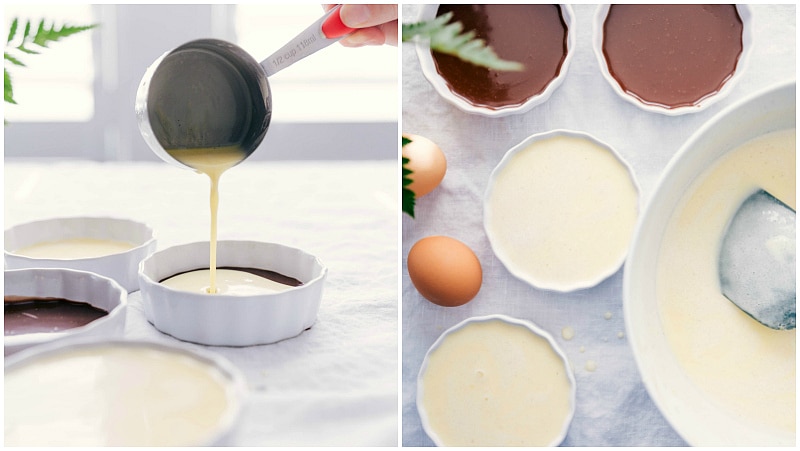 Tuxedo Crรจme Brรปlรฉe is a chocolatey twist on the traditional crรจme brรปlรฉe recipe. This dessert has a chocolate ganache bottom, creamy custard filling, and a caramelized sugar topping. Top these brulรฉe with fresh berries and chocolate curls for a delicious show-stopping dessert. Recipe via ChelseasMessyApron.com #cremebrulee #tuxedo #ganache #French #dessert #elegant Image of the base creme brรปlรฉe being added on top of the chocolate layer.