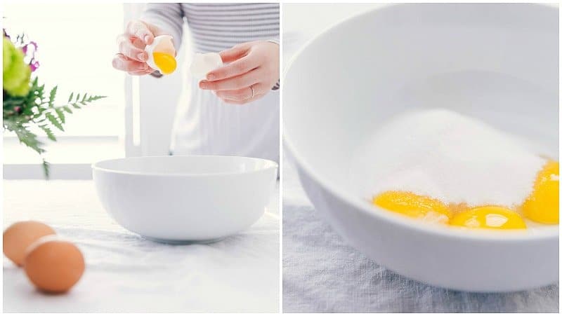 Egg Separation and Sugar Addition for Crème Brûlée Preparation Separating egg yolks into a bowl and adding sugar, in preparation for making Crème Brûlée.