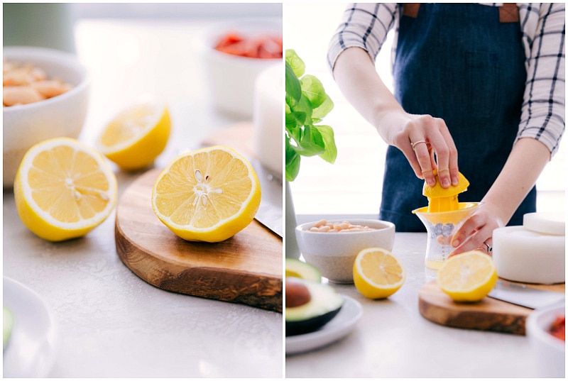 This White Bean Salsa with creamy avocado, crisp corn, savory sun-dried tomatoes, fresh lemon, and sweet basil is our latest obsession! It's perfect over grilled Pesto Chicken, quinoa, or couscous, or with some good tortilla chips. Recipe via Chelseasmessyapron #healthy #keto #whole #protein #whole30 #best #avocado #corn #sundriedtomatoes #clean #cleaneating #whitebean #salsa Lemons being juiced