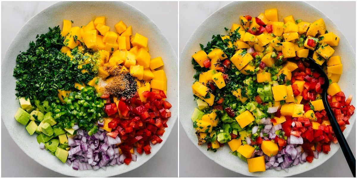 The Best Mango Salsa Recipe The mango salsa being mixed together in a bowl.