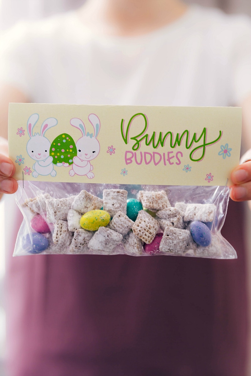 These five different Easter Treats are easy to make and delicious to eat!ย Treats are put in snack-size plastic bags with my FREE printable bag toppers! Recipe via chelseasmessyapron.com #easter #smores #party #bag toppers #springtime Bunny Buddies bag topper