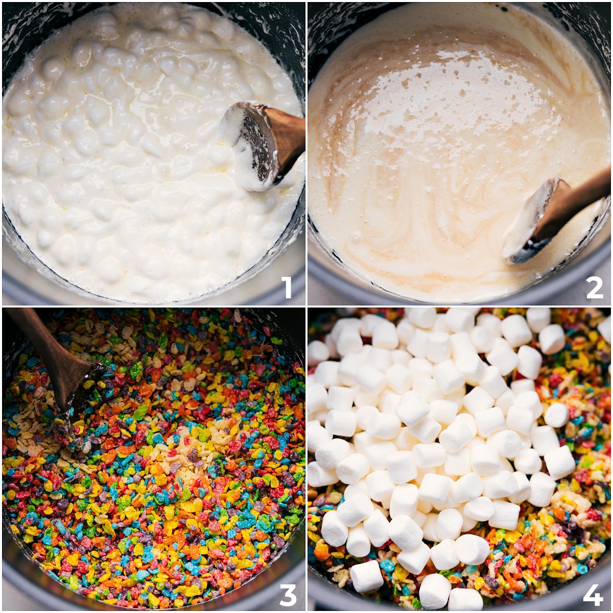 How To Make Fruity Pebble Rice Krispie Treats The marshmallow mixture being melted together and the fruity pebbles being added in along with more marshmallows for this fruity pebble rice krispie treat recipe.