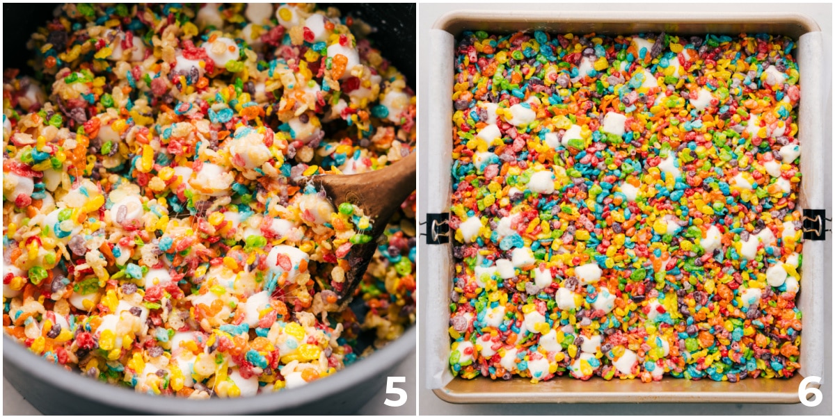 Letting The Fruity Pebble Rice Krispie Treats Cool And Harden Mixing all the ingredients together and spreading it in a 9x9 pan to harden.