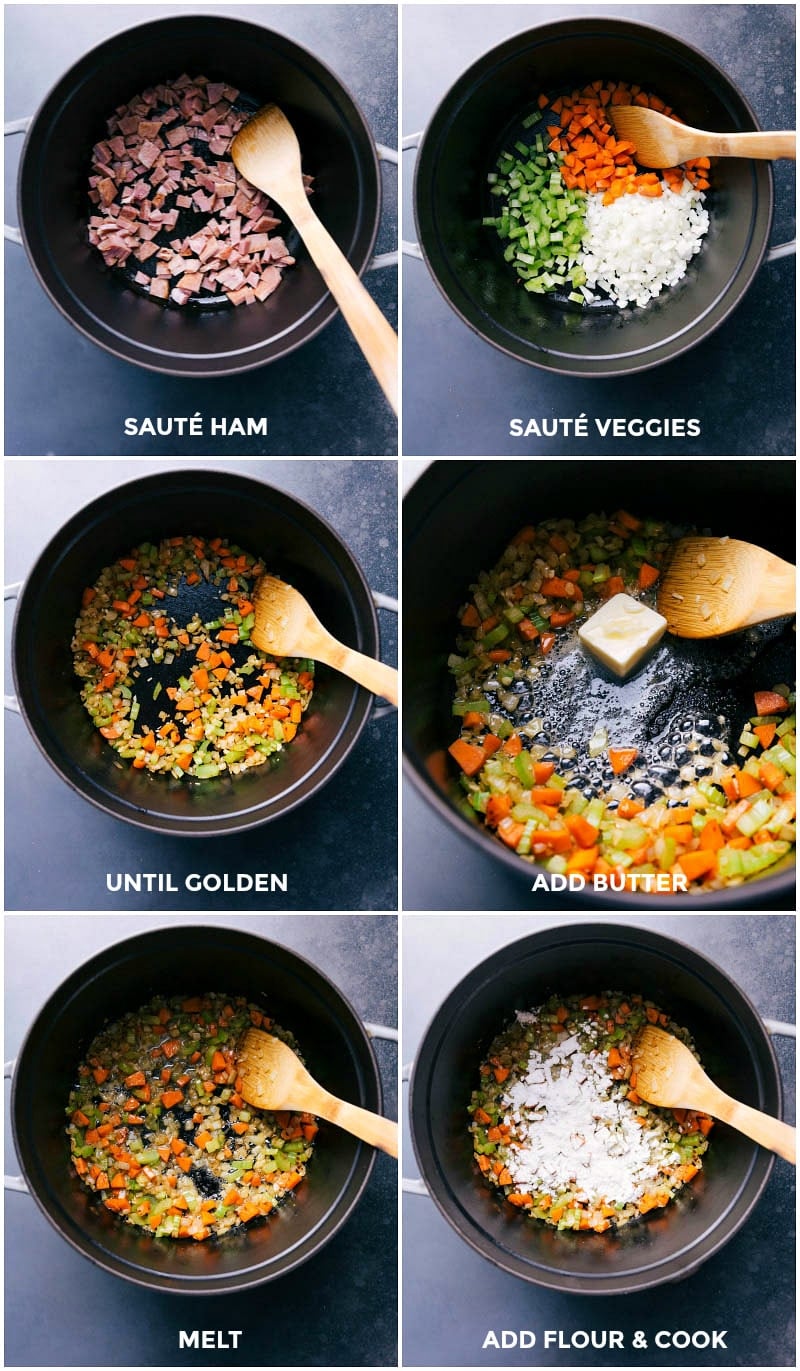 Preparing Ham and Veggies and Crafting a Rich Sauce Base Ham and vegetables being sautรฉed in a pan; a separate sauce base forming with melted butter and flour.