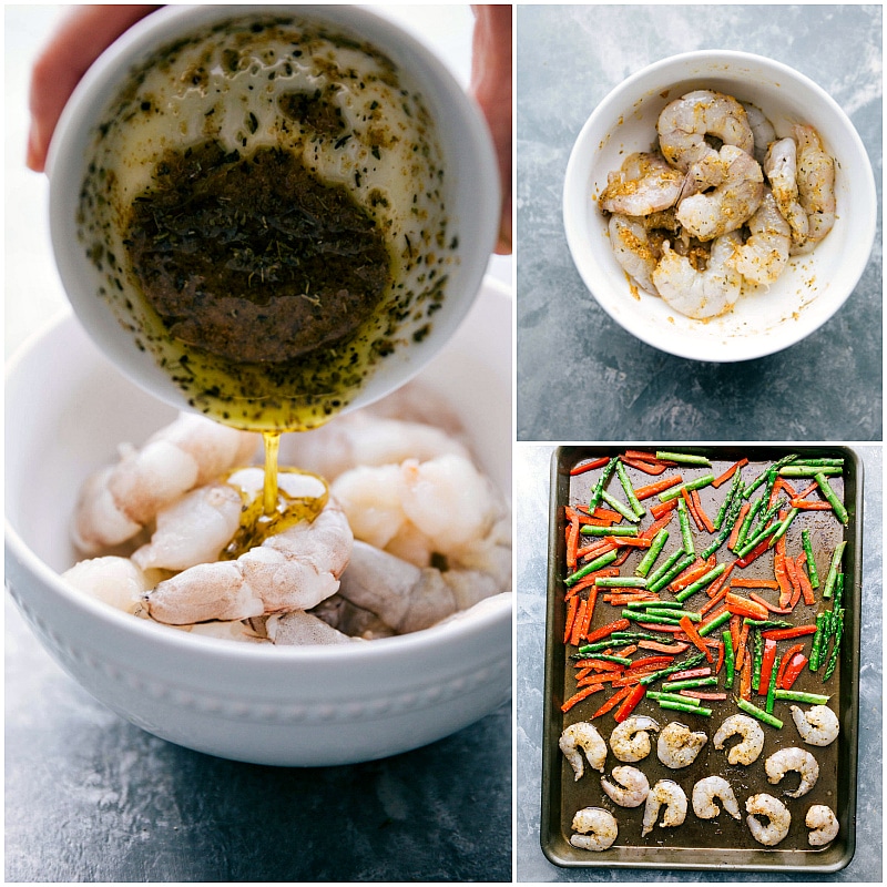 Simple and deliciously seasoned shrimp couscous is roasted on a single sheet pan with asparagus and red pepper. This 30-minute dinner is topped with an addictive green herb sauce! chelseasmessyapron.com #shrimp #couscous #30minute #meal #easy #fast #healthy #quick #dinner Process shot for herb mixture being added to the shrimp and then shrimp added to the tray.