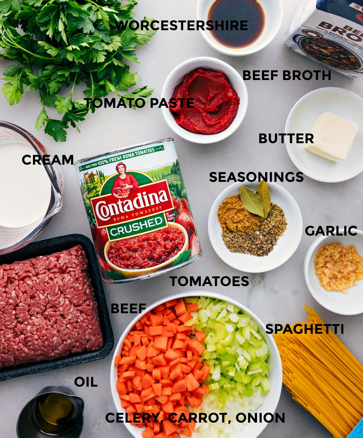 Ingredients In Spaghetti Bolognese All the ingredients in this recipe prepped out for easy assembly.