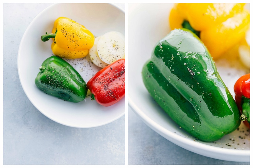 Grilling Bell Peppers For This Steak Fajita Recipe Peppers being seasoned and oiled to grill up.