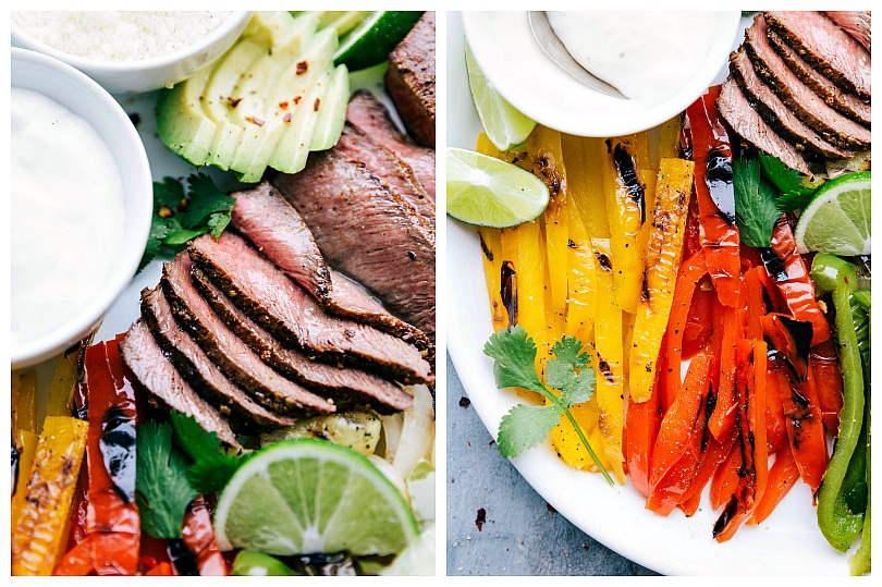 Irresistibly Delicious Grilled Steak Fajita Recipe Steak fajita recipe laid out on a platter to serve up and assembly individual fajitas.