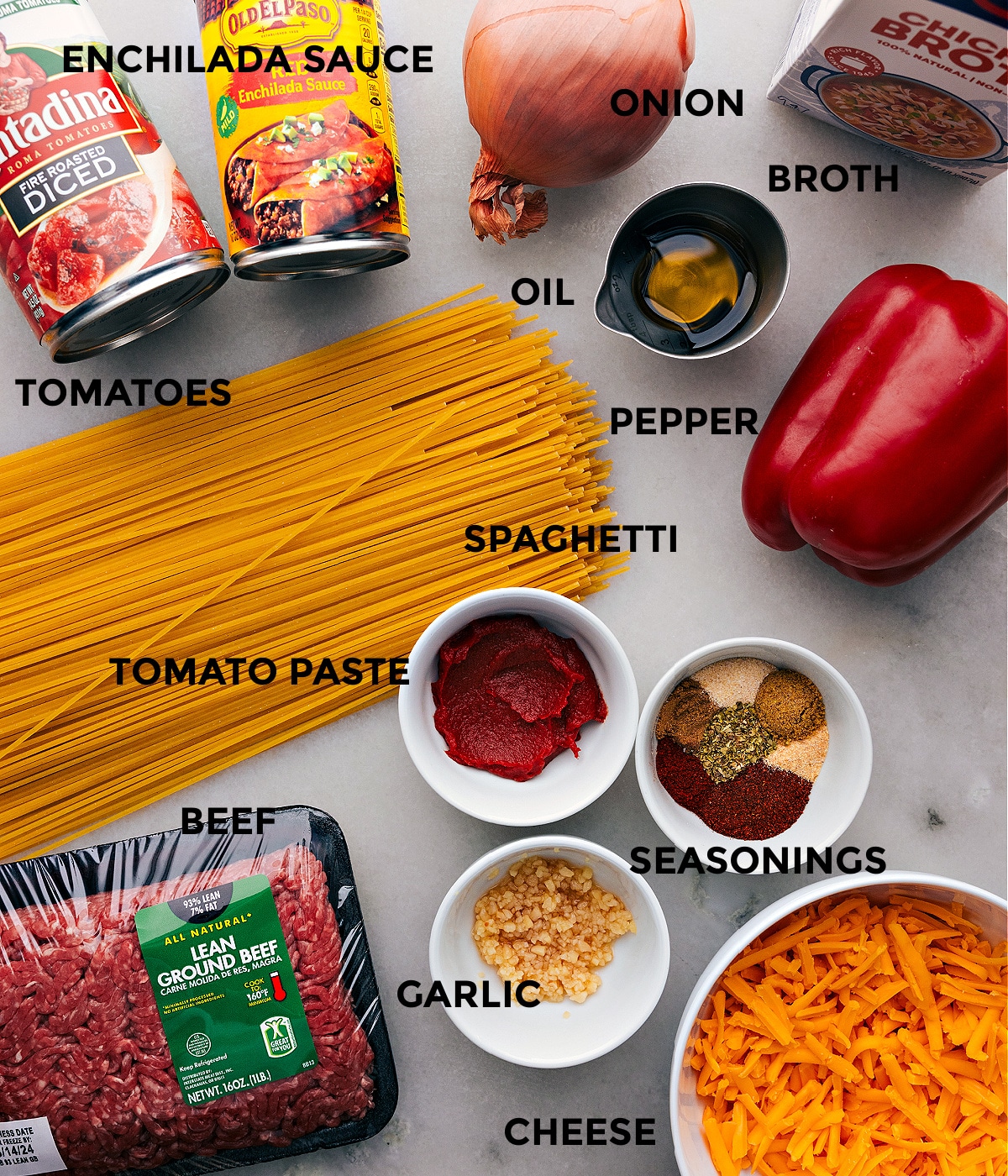 Ingredients In Taco Spaghetti All the ingredients in this recipe prepped out for easy assembly.