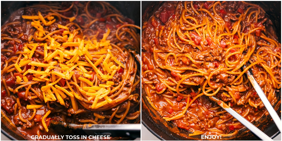 Cheesy Taco Spaghetti Cheese being tossed with the noodles for this taco spaghetti.