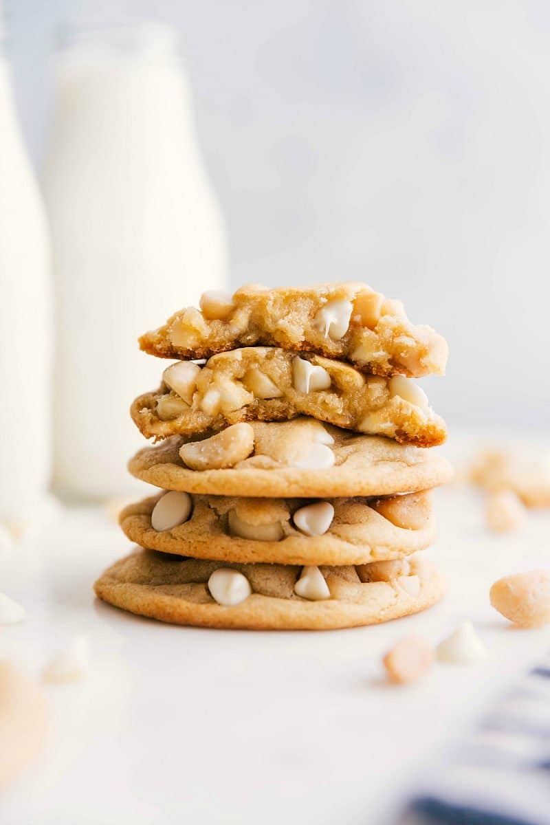 White Chocolate Macadamia Nut Cookies are the best White Chocolate Macadamia Nut Cookies stacked with one broken in half.