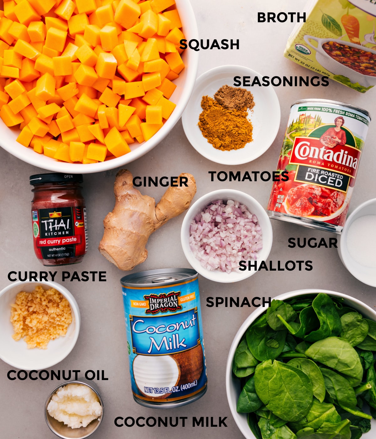 Ingredients In Butternut Squash Curry This recipe includes all the ingredients: veggies, seasonings, broth, coconut milk, curry paste, and coconut oil.