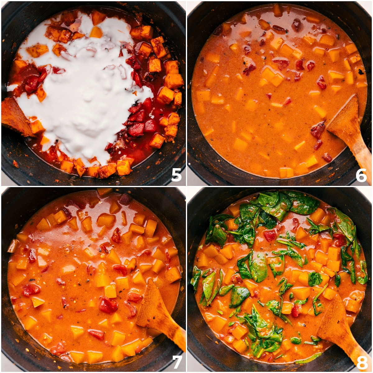 One Pot Butternut Squash Curry Being Made Add coconut milk, tomatoes, and broth to the pot, then cook everything together before mixing in the spinach.