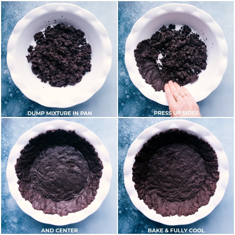 This delicious Chocolate Pudding Pie is a total show-stopper and couldn't be easier to make! This pie requires minimal preparation time and only 6 ingredients, but delivers a dessert dressed to seriously impress! This chocolate pudding pie starts with a simple Oreo cookie crust and has 3 layers which are all created with the same 3 ingredients.ย Recipe via ChelseasMessyApron #dessert #best #quick #easy #simple #treat #valentinesday #chocolate #pudding #pie Process shots of Chocolate Pudding Pie-- images of the pie crust being pressed into the pie pan