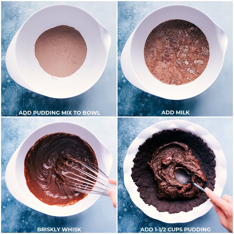 This Chocolate Pudding Pie is a total show-stopper and couldn't be easier to make! This pie requires minimal preparation time and only 6 ingredients, but delivers a dessert dressed to seriously impress! Recipe via ChelseasMessyApron #dessert #best #quick #easy #simple #treat #valentinesday #chocolate #pudding #pie Process shots-- images of the filling being made and added to the baked crust