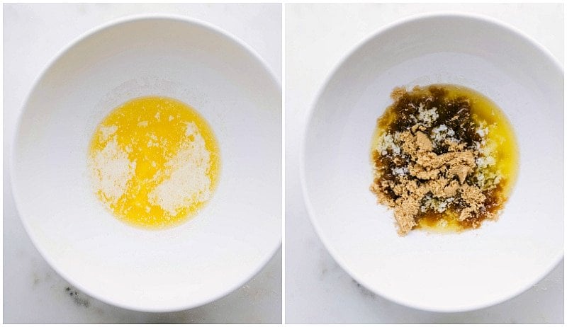 Mixing Melted Butter and Sugar for Dessert Preparation Melted butter and sugars being poured into a mixing bowl for the delicious recipe.