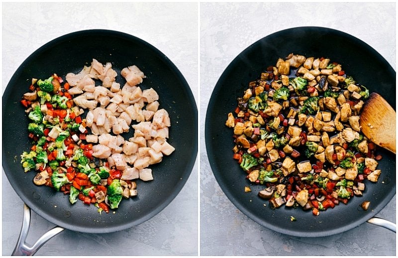 Sautéing The Veggies And Cooking Chicken For Chicken Ramen Chicken being added to the skillet and then the sauce added on top.