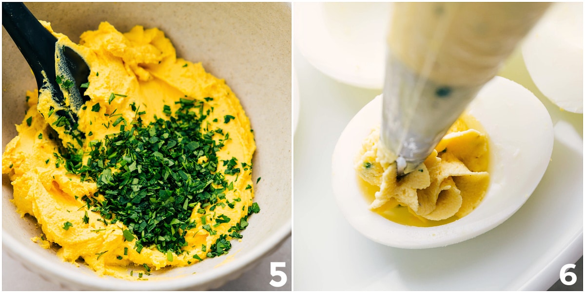 How To Make Deviled Eggs Recipe Mix fresh herbs into the mixture, then pipe it into the egg.
