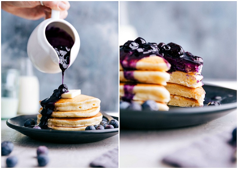 Pack your pancakes with nutrition and protein! Blueberry syrup being poured over the pancakes.