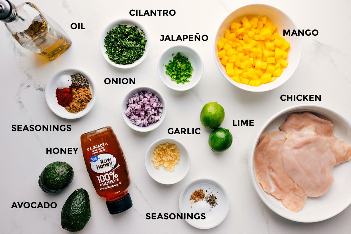 Mango Chicken is easy to throw together and mega flavorful! This delicious recipe starts with marinated chicken (either breast or thighs) and is topped with cilantro-lime mango salsa.ย ย Recipe via Chelsea's Messy Apron #mango #chicken #avocado #grilled #dinner #easy All ingredients prepped for easy assembly, including the meat, fruit, cilantro, jalapeรฑo, onion, garlic, seasonings, honey, avocado, and oil.