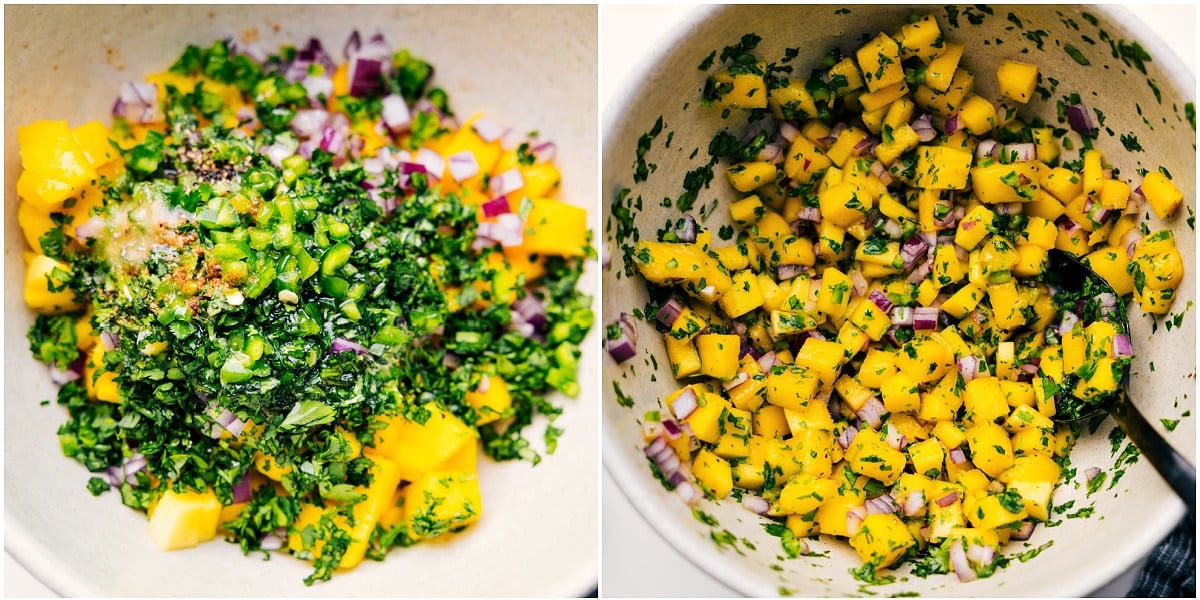 How To Make Mango Salsa The mango salsa being mixed in a bowl to top the mango chicken.
