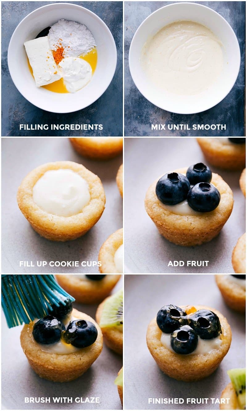 Step-by-Step Mini Fruit Tarts Recipe: Filling, Assembly, and Glazing Creating the mini fruit tarts recipe: mix ingredients, add filling to cups, top with fresh fruit, and glaze.
