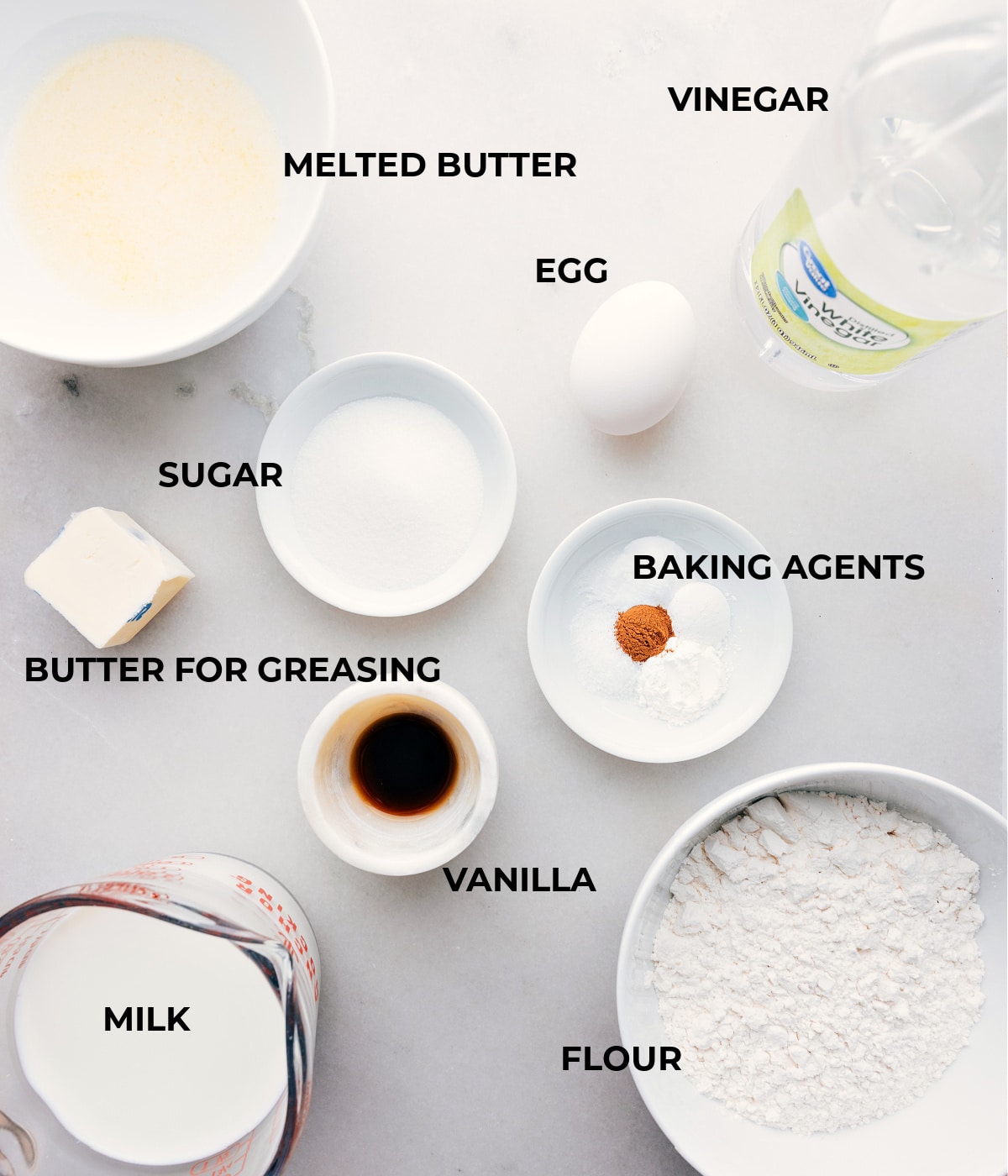 Ingredients for Homemade Old-Fashioned Pancakes The assorted ingredients used in this recipe.