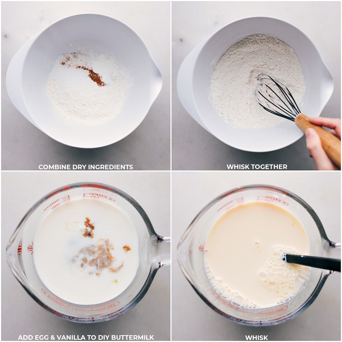 Combining Dry Pancake Ingredients And Preparing DIY Buttermilk for Pancakes Mixing dry ingredients together then creating homemade buttermilk for this old-fashioned pancake recipe.