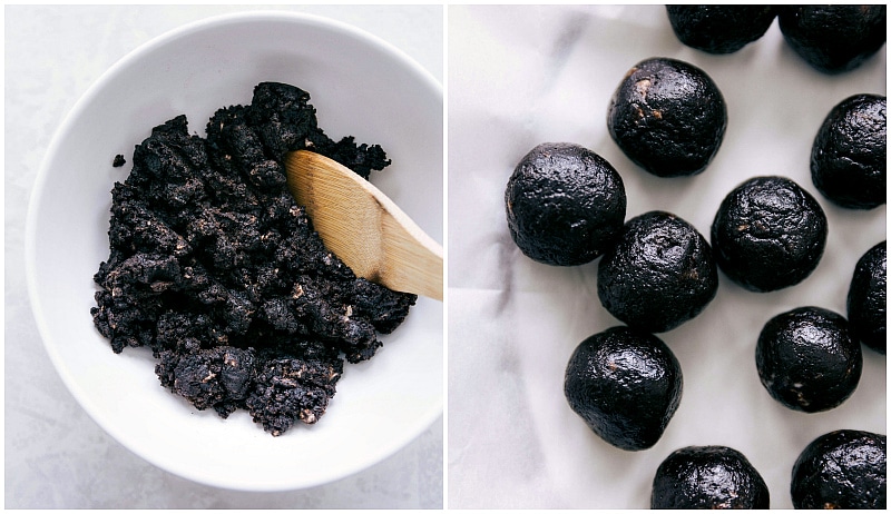 Rolling Oreo Ball Dough Dough being rolled into shape, forming uniform balls ready for dipping and decorating.