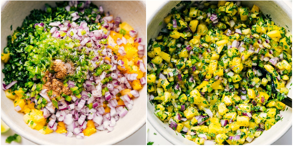 How To Make The Best Pineapple Salsa Mix finely diced pineapple, jalapeño, cilantro, red onions, lime juice, and seasonings together in a bowl to make the pineapple salsa.