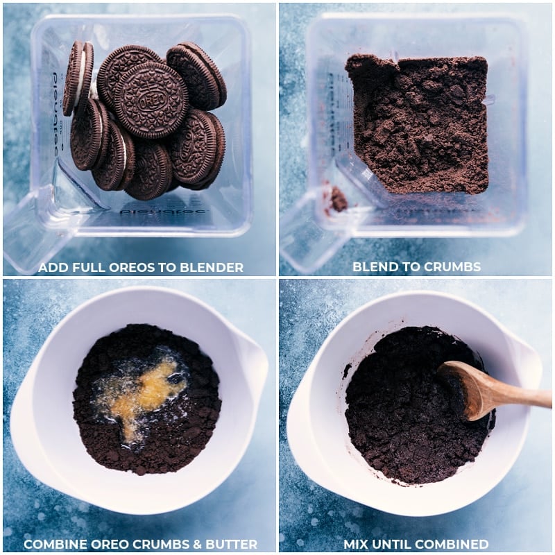 This Chocolate Pudding Pie is a total show-stopper and couldn't be easier to make! This chocolate pudding pie starts with a simple Oreo cookie crust and has 3 layers which are all created with the same 3 ingredients.ย Recipe via ChelseasMessyApron #dessert #best #quick #easy #simple #treat #valentinesday #chocolate #pudding #pie Process shots-- images of the Oreo crust being prepped