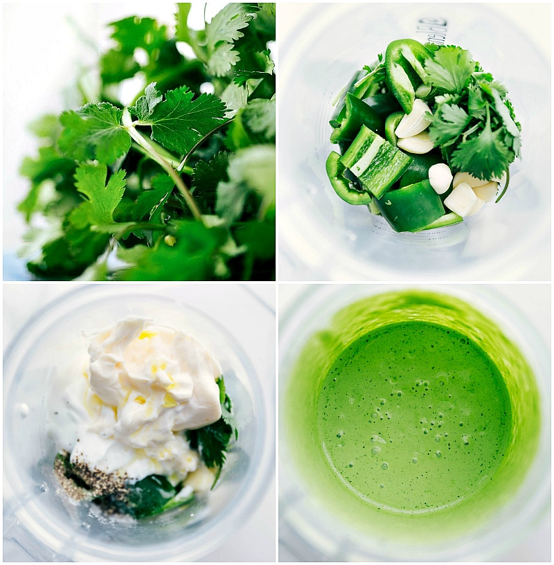 Blending Ingredients for Flavorful Green Sauce Blending together a mix of fresh ingredients in a blender to create a smooth and flavorful green sauce.