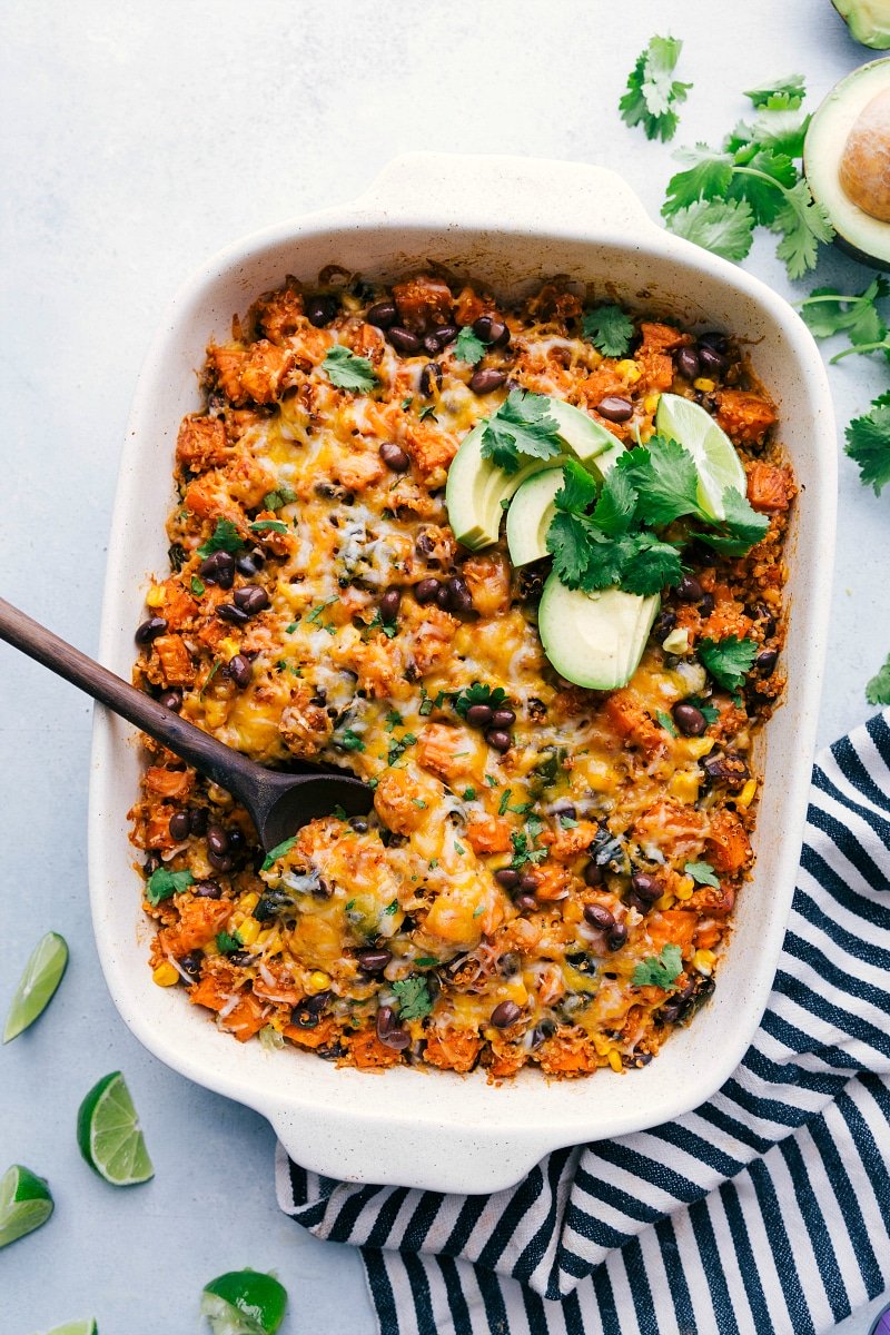 A delicious sweet potato, black bean, and corn Quinoa Enchilada Bake Freshly baked Quinoa Enchilada Bake.