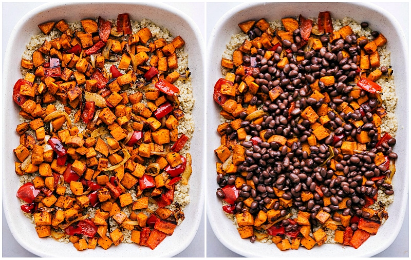 A delicious sweet potato, black bean, and corn Quinoa Enchilada Bake Quinoa, vegetables and beans being added to a casserole dish.