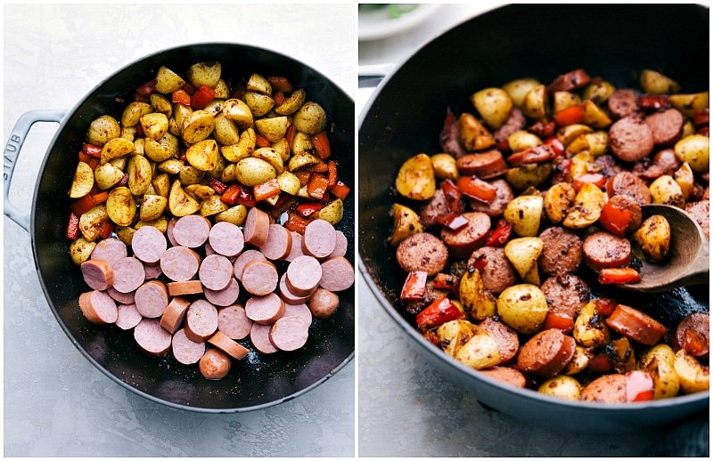 The easiest 20-minute Sausage and Potatoes Skillet Meal! This simple dinner can all be made in one pan and is loaded with flavor! Recipe via chelseasmessyapron #dinners #recipes #comfortfoods #simple #keilbasa #meals #healthy #sausage #onepanmeal #potatoes #quick Image of the sausage being added to the peppers and potatoes for this Sausage and Potatoes Skillet Meal.