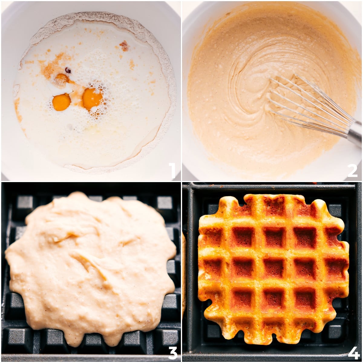 How To Make Waffle Recipe All the batter ingredients for this waffle recipe mixed into one bowl and then poured into the waffle pan to cook.