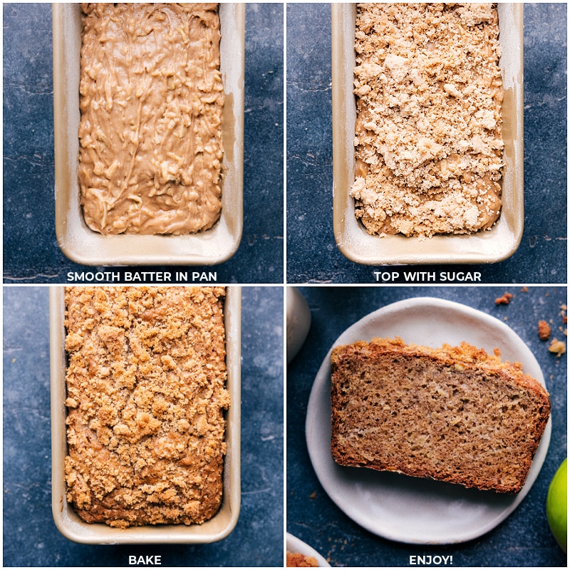 Apple Bread Recipe! It's sweet, tender, and moist with shredded apples in every bite. This loaf is warmly spiced with a hint of cinnamon and a touch of nutmeg. Recipe via chelseasmessyapron #fall #quick #easy #simple #familyfriendly #kidfriendly #treat #applebread #recipe Process shots of the treat being baked
