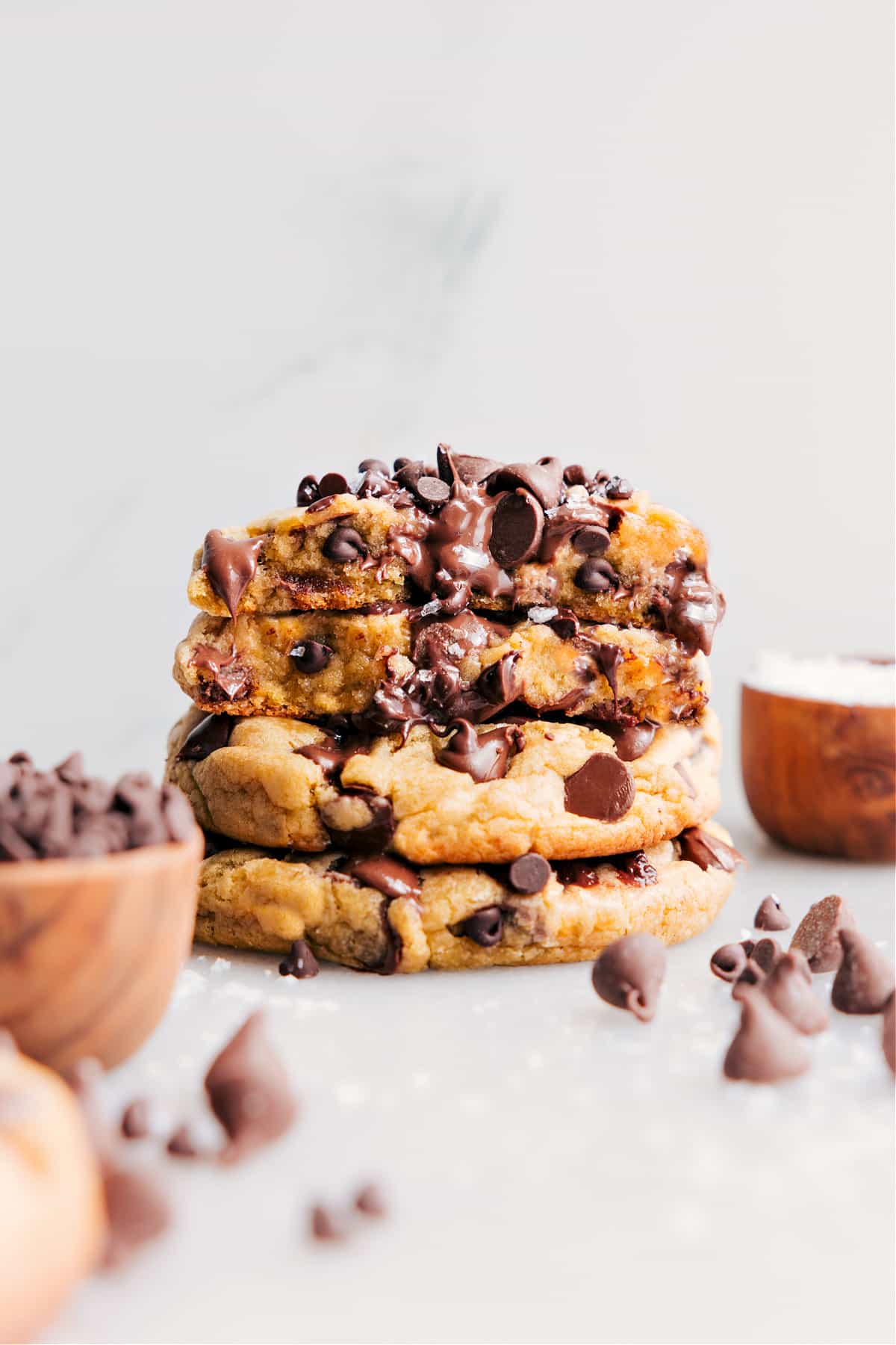 Bakery-Style Chocolate Chip Cookies with Gooey Center Stacked Bakery-Style Chocolate Chip Cookies.