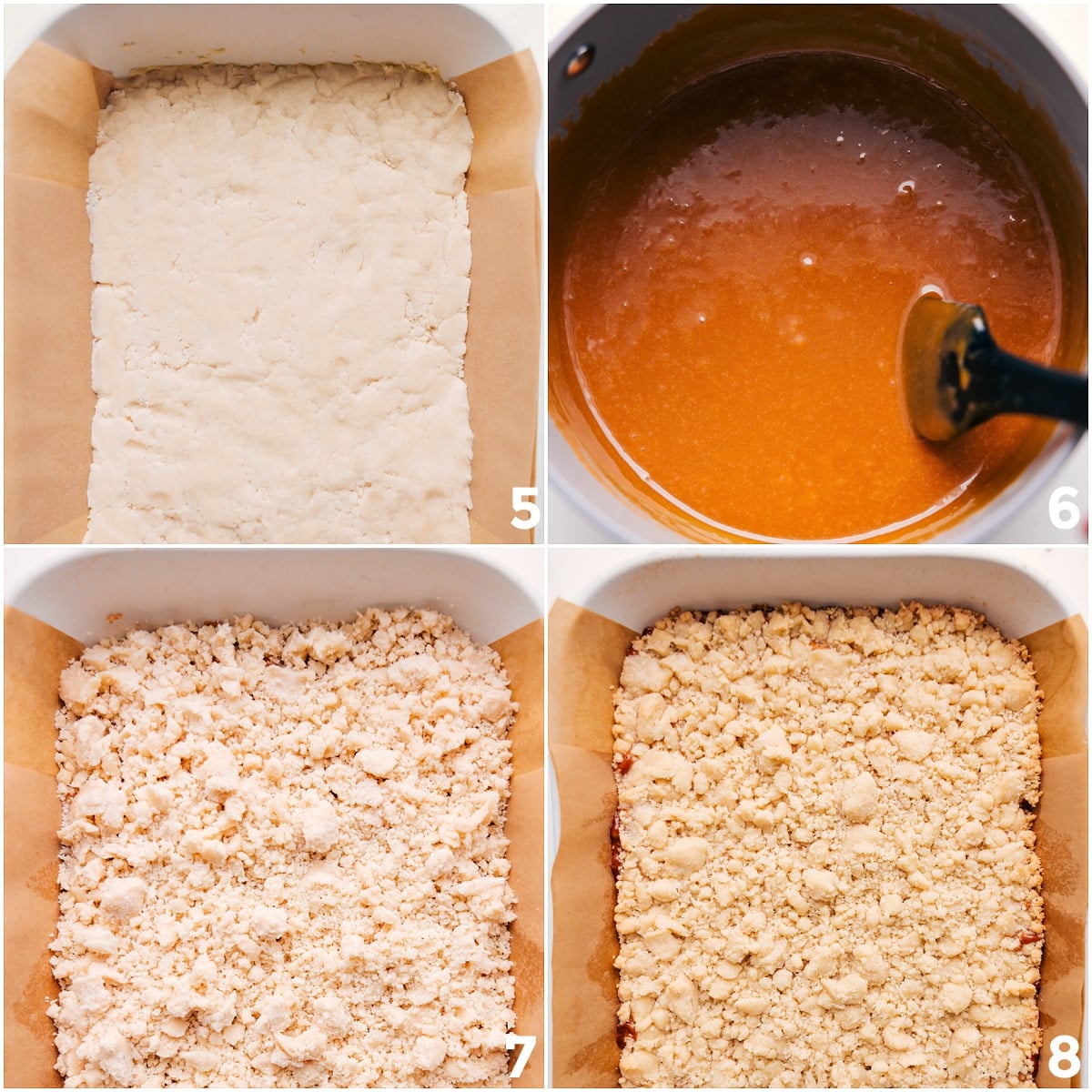 Making The Caramel Sauce Base batter spread in a pan, melted caramel sauce poured over the top, and crumble added.