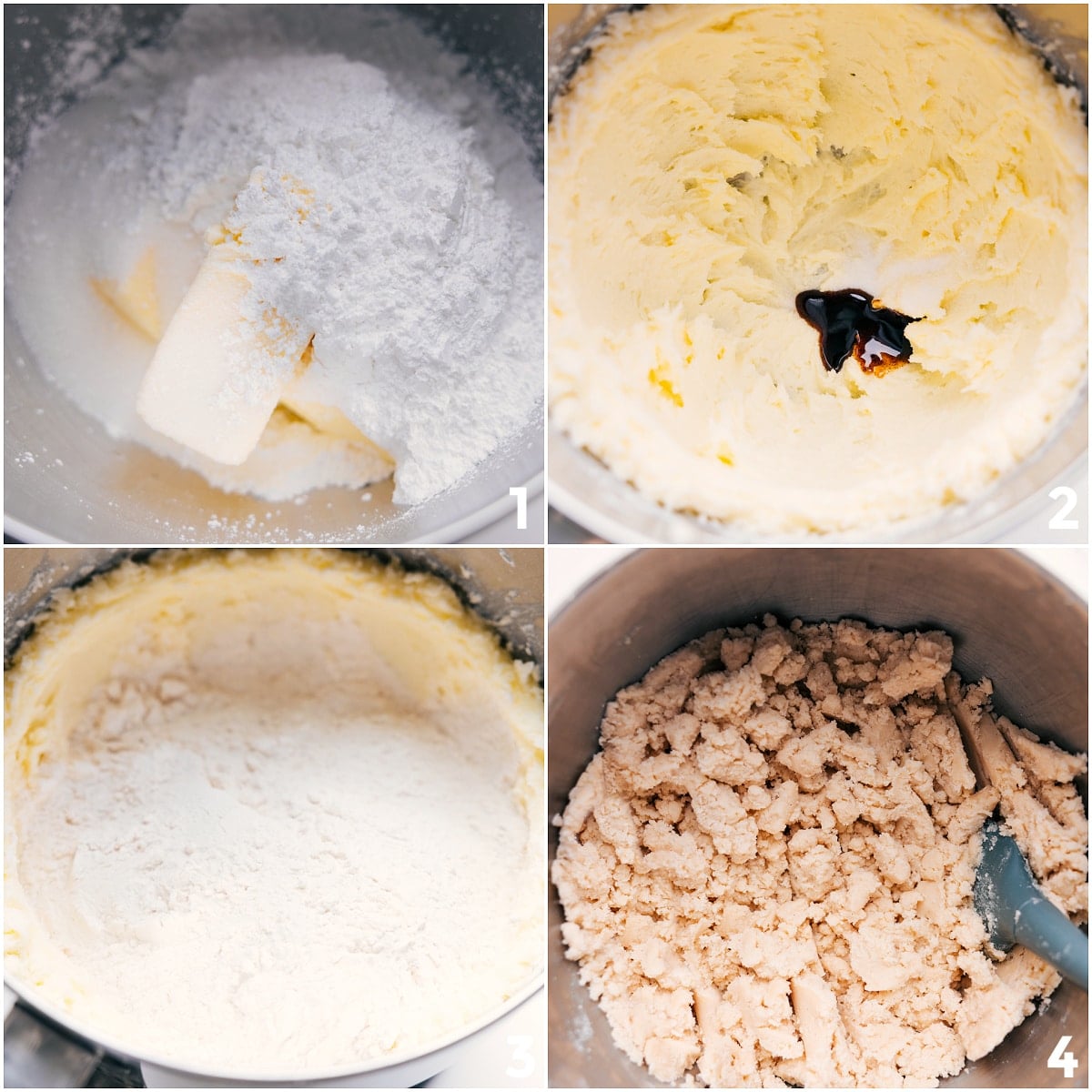 How To Make These Caramel Cookie Bars Base dough for these Caramel Cookie Bars being mixed by combining butter, sugar, flour, and vanilla.