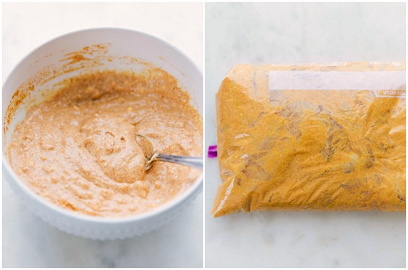 Mixing the marinade until smooth and adding chicken pieces to it, ensuring they are well-coated for the chicken tikka masala recipe.