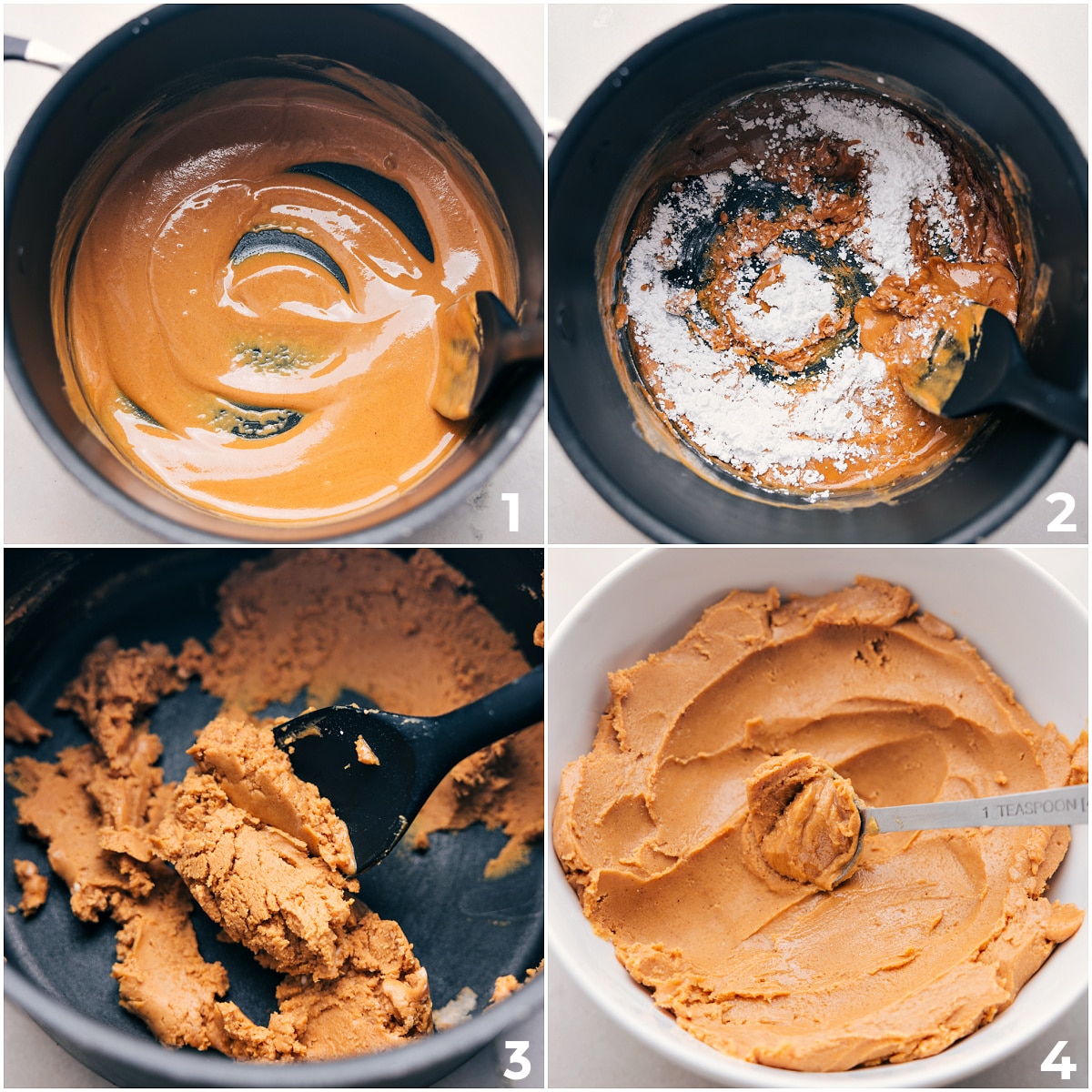 The peanut butter filling being made in a pot for these Homemade Peanut Butter Cups.