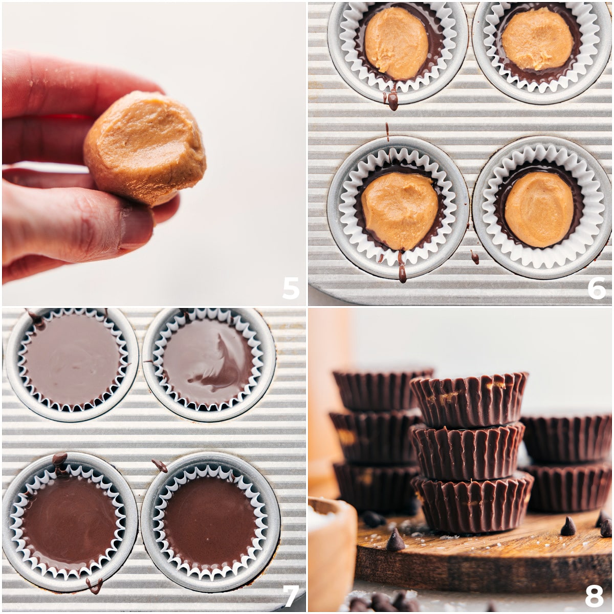 Making The Homemade Peanut Butter Cups Recipe Adding the chocolate to each liner and then layering in the peanut butter layer and topping with chocolate.