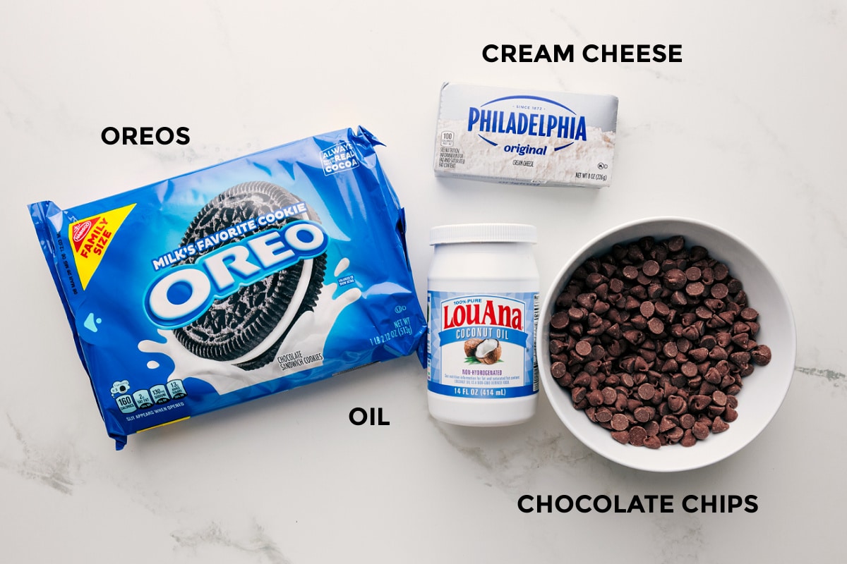 Ingredients In Oreo Truffles All the ingredients in this recipe prepped out for easy assembly including the Oreos, cream cheese, oil, and chocolate chips.