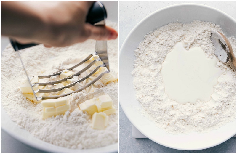 Preparing Strawberry Shortcake Dough Butter being cut into flour and wet ingredients added to the dry mix for the strawberry shortcake recipe.