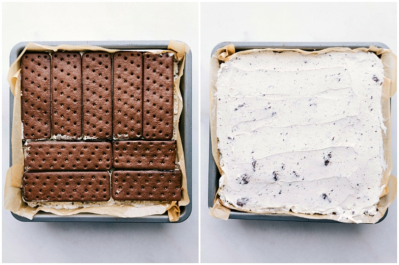 Final Layers of Ice Cream Sandwich Cake Final layers being added for this easy, but delicious dessert.