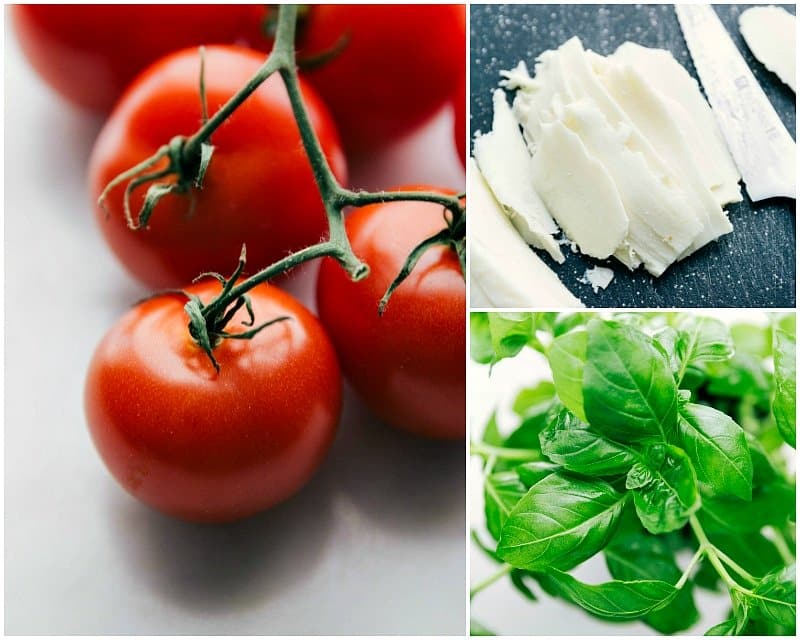 Freshly Sliced Tomatoes, Creamy Mozzarella Cheese, and Fragrant Basil for Naan Pizza Recipe Freshly sliced tomatoes, creamy mozzarella cheese, and fragrant basil leaves, key ingredients for the naan pizza recipe.