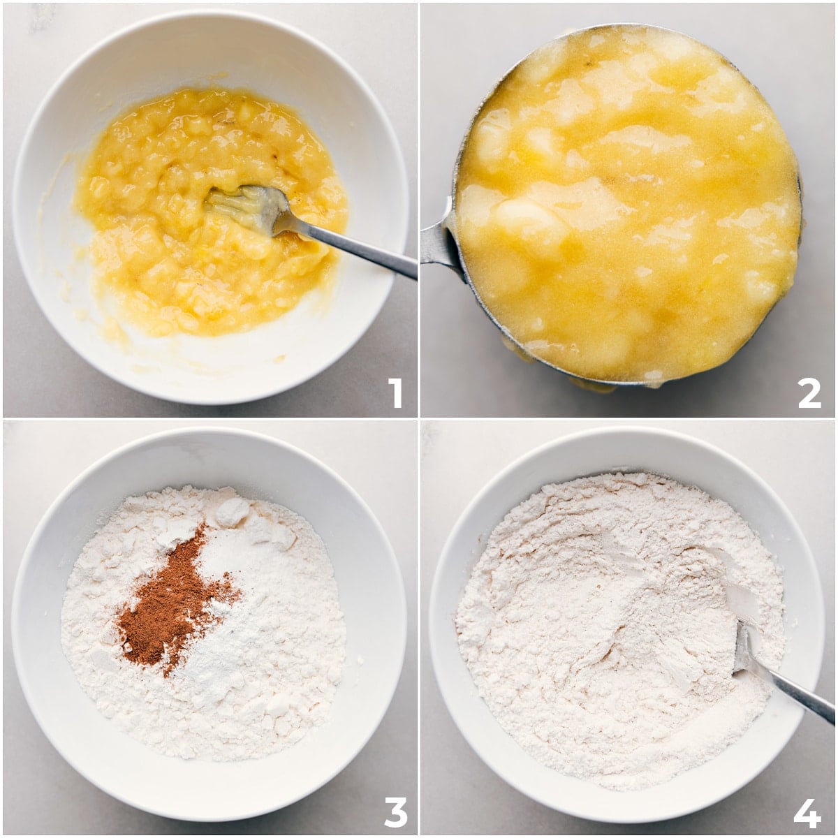 Banana being mashed and measured, with all the dry ingredients in a bowl.