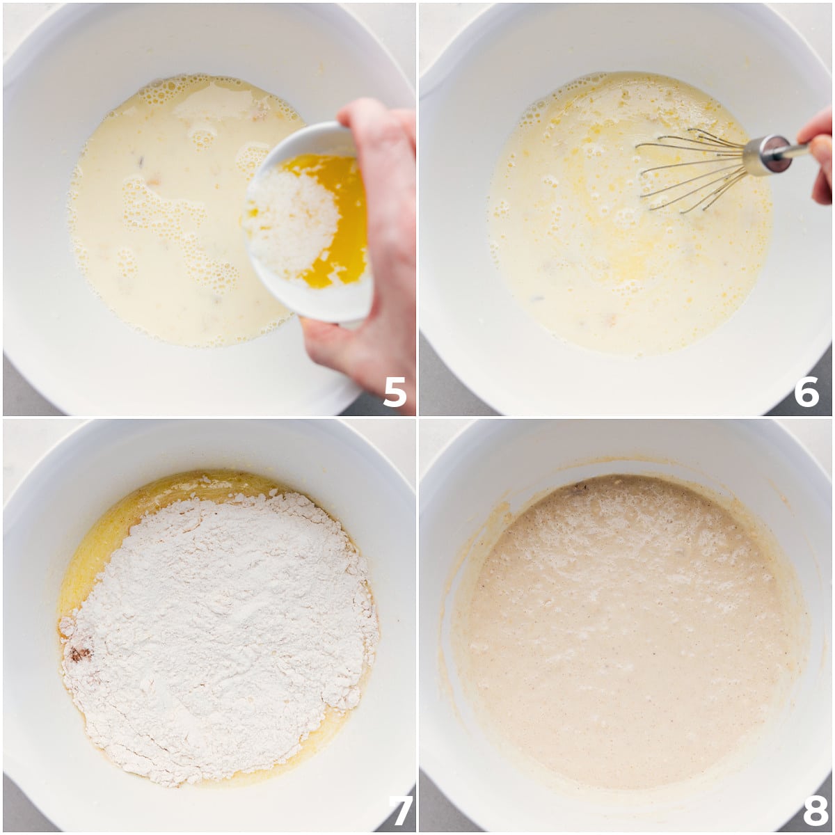 Dry and wet ingredients being mixed together in a bowl until smooth for the banana pancake recipe.