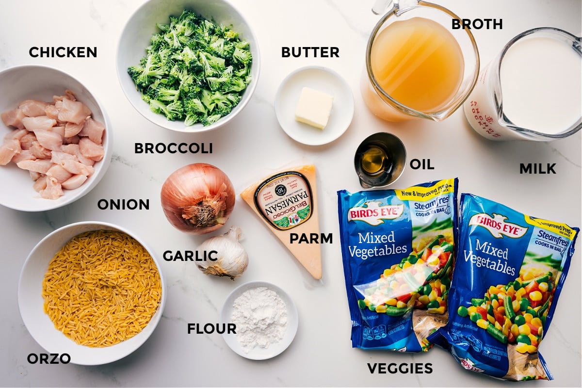 Ingredients In Creamy Orzo All the ingredients prepped and ready for easy assembly: chicken, orzo, broccoli, onion, garlic, flour, butter, oil, veggies, broth, and milk.